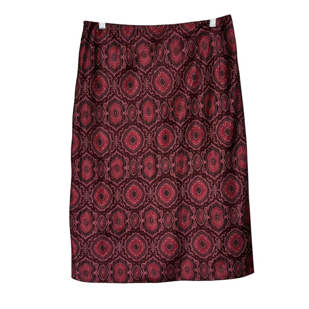 Paisley Midi Skirt Womens 8 Burgundy Medallion Boho Office Indie Satin Gypsy